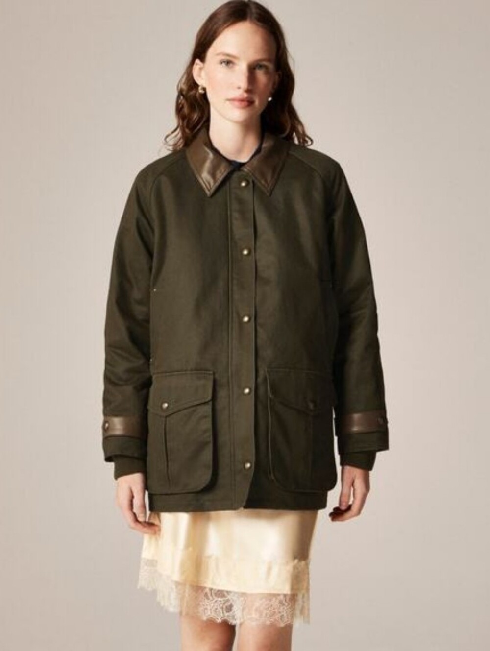 J. Crew Broken-in Barn Jacket with Faux Leather Collar - Olive Green